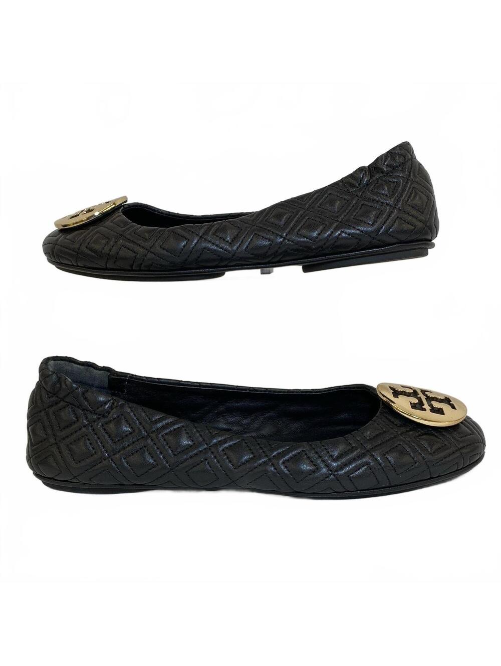 Tory Burch Minnie Quilted Leather Travel Ballet Flats Black Gold Size 7.5M - Picture 3 of 7